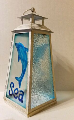 Lantern Candle Holder -  Nautical Ocean Blue Dolphin "sea" - Metal/glass - A6