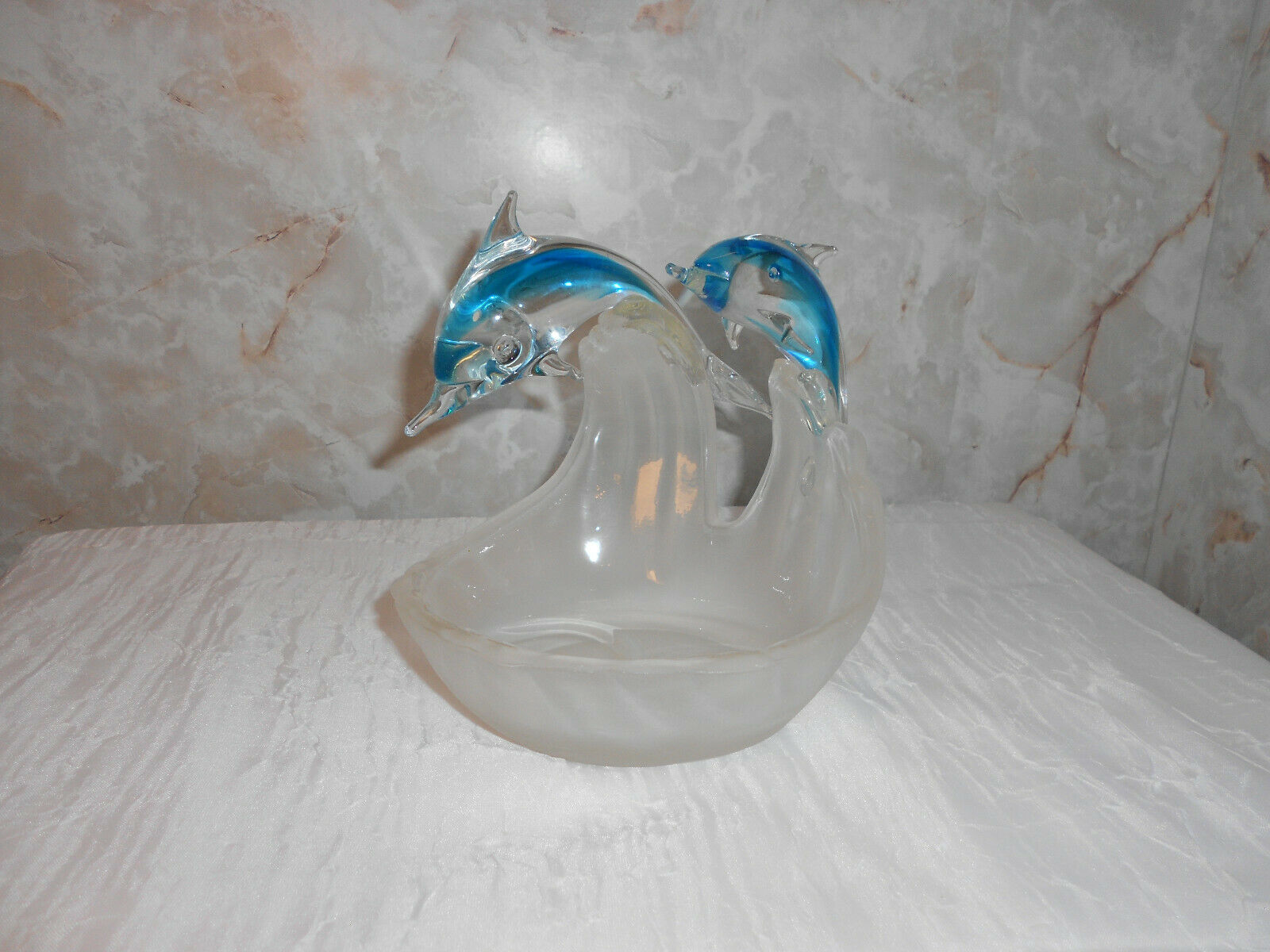 Glass Mama And Baby Dolphins Jumping Waves Fugurine 7" Candle Holder