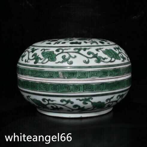 7.5" Old Ming Dynasty Porcelain Xuande Mark Green Glaze Mandarin Duck Lotus Boxe