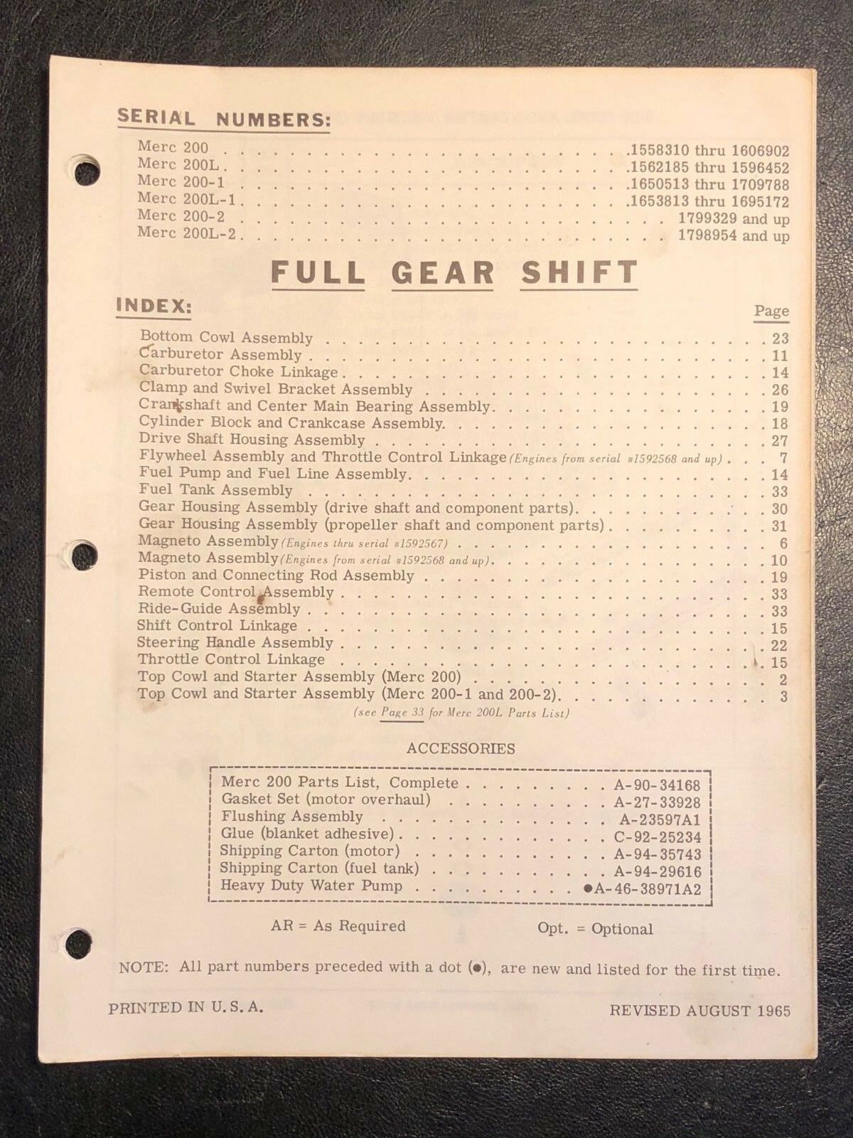 1965 Merc Mercury 200,l,200-1,l-1, 200-2, L-2 Outboard Parts Manual List Catalog