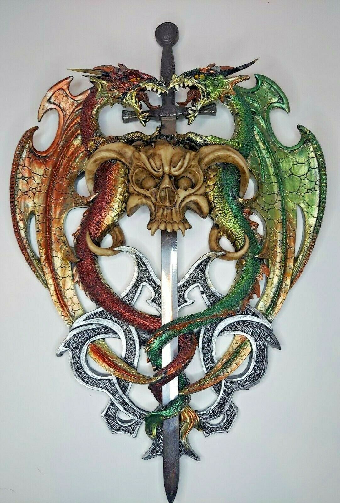 18" X 12" Double Dragon W/ Skull Crest & Mini Sword/blade Wall Hanger Art