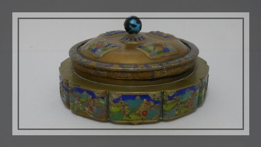 Antique Chinese Tea Caddy Box Repousse Bronze Enameled Relief