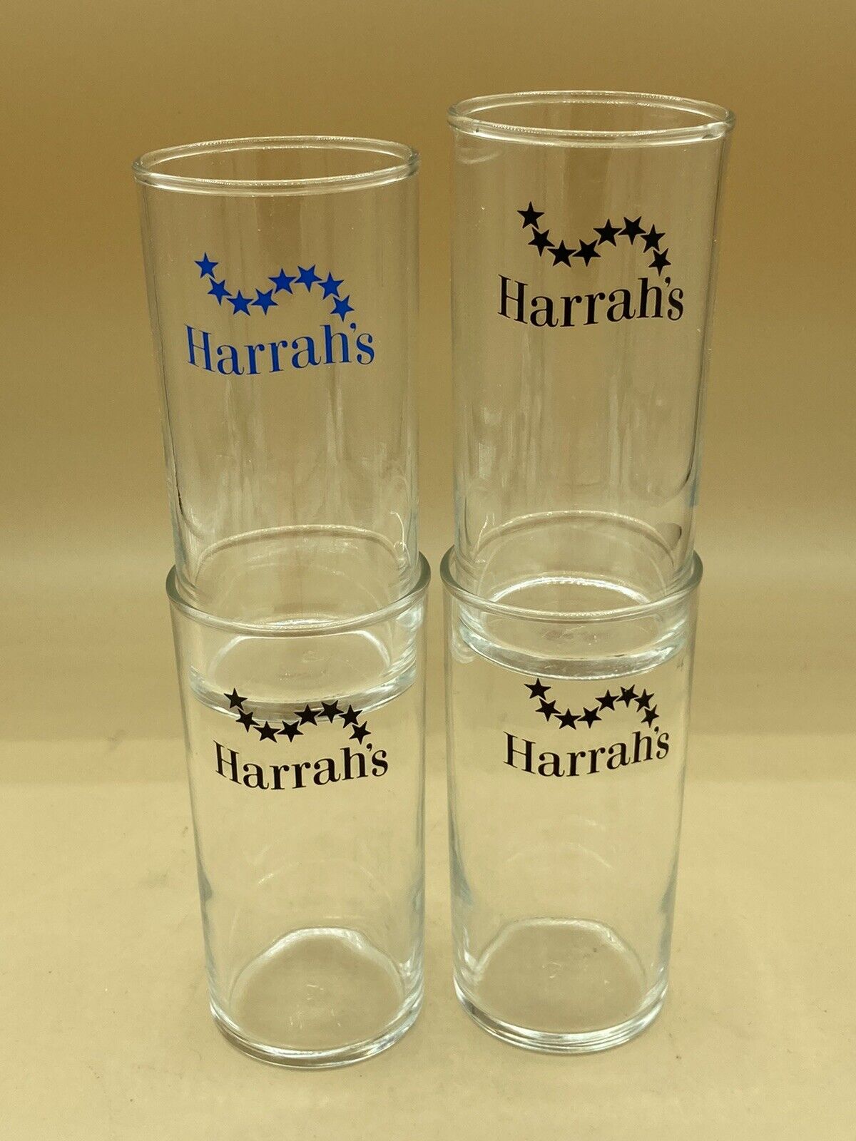 Vintage Federal Glass 4 Harrah’s Casino Cocktail Beer Glasses 5" Blue Black Logo