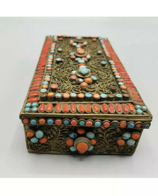 Fine Antique Tibet Brass Lapis Turquoise Red Coral Filagree Jewlery Trinket Box