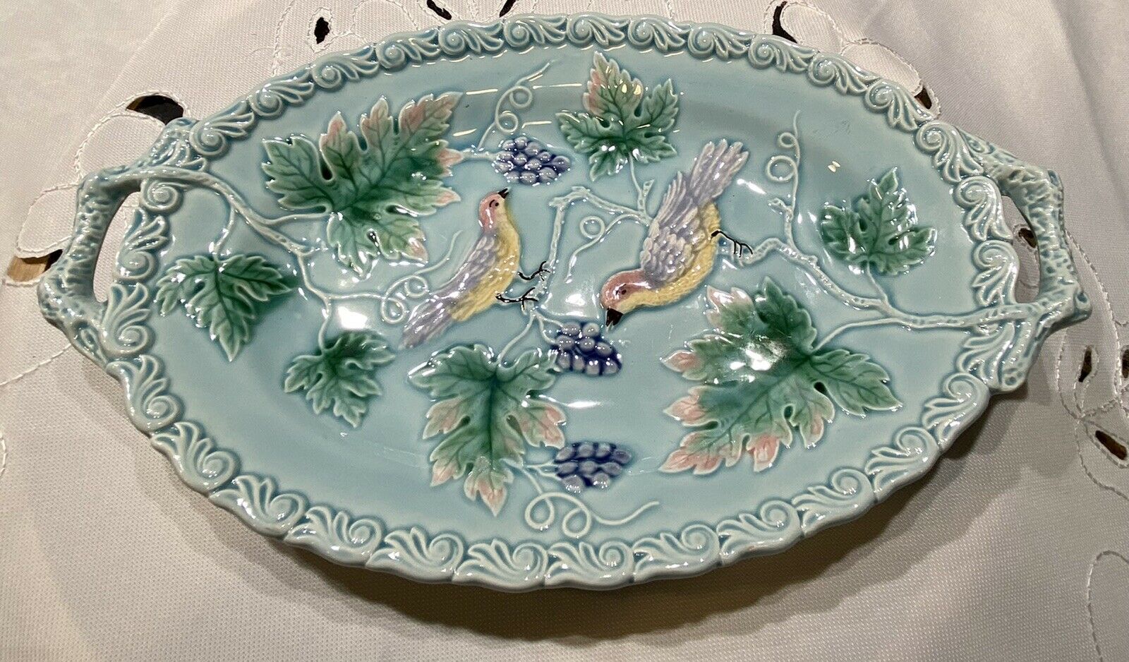 Black Forest Art Pottery Handled Platter Erphila Germany 15" Majolica Birds Vine