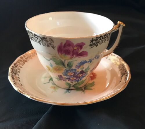 Old Royal Made In England Bone China Cup And Saucer Floral Gold Trim 3340