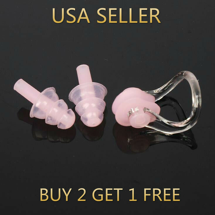 Pink Silicone Waterproof Swim Swimming Nose Clip + Ear Plug Earplug Combo Set