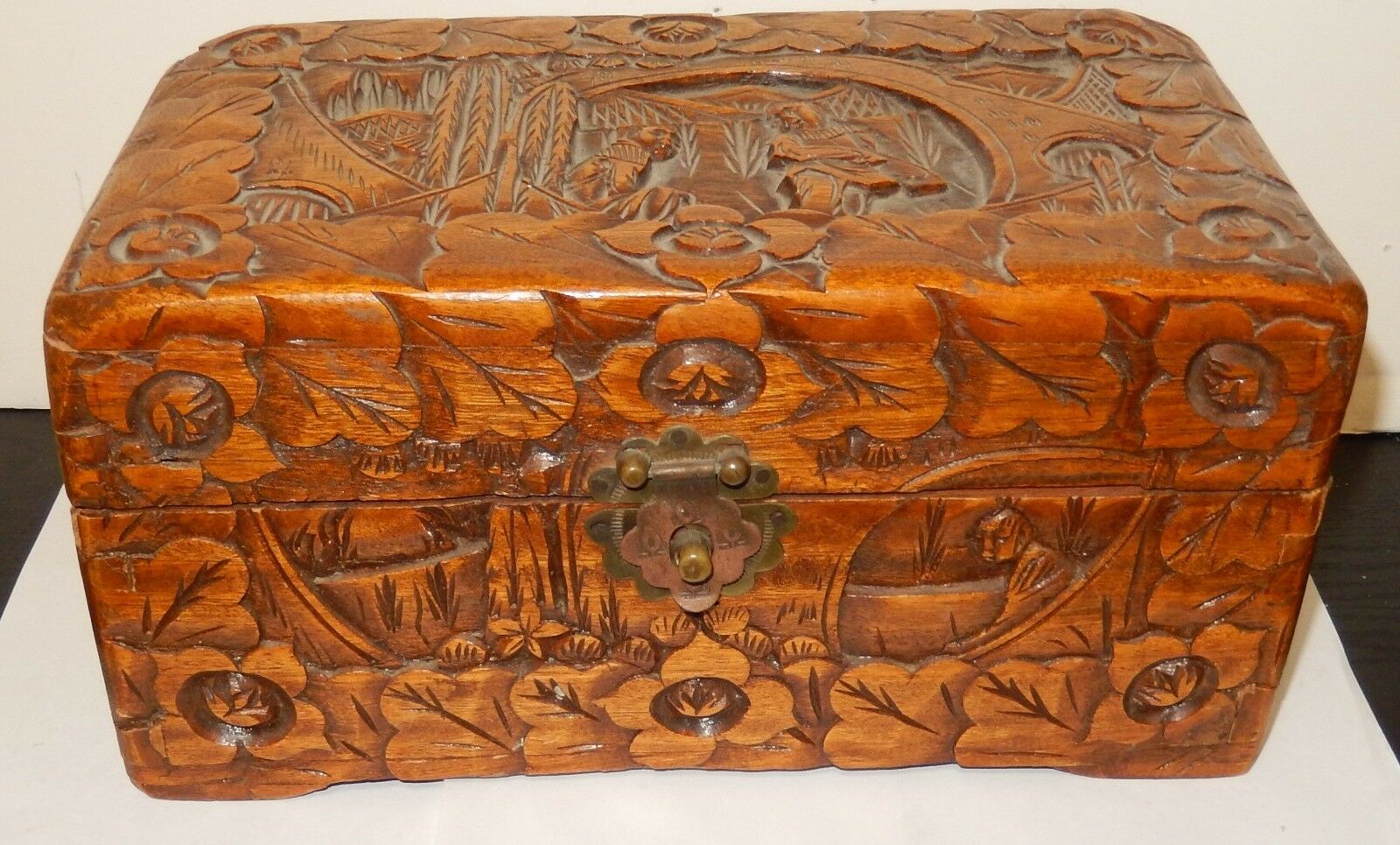 Vintage Chinese Hand Carved Wooden Jewelry Chest Box
