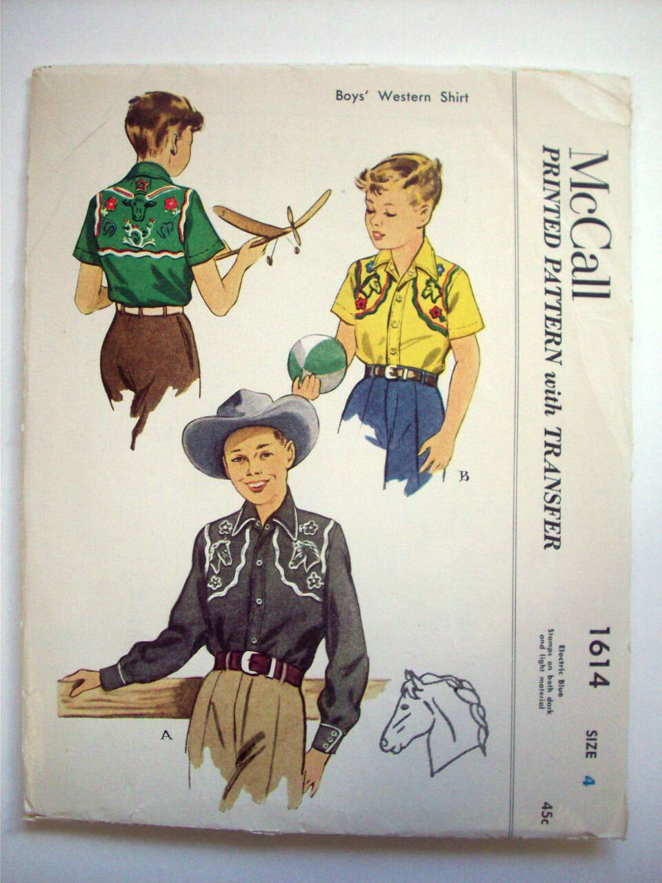 1950's Western Boy's Shirt Transfers For Yoke  Pattern 1614 Size 4  Uncut