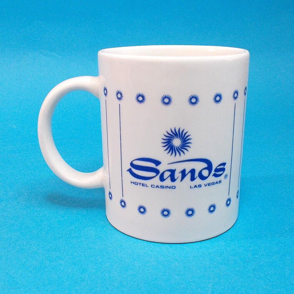 Vtg 70s Sands Las Vegas Nevada Hotel Casino Ceramic Coffee Mug Cup Blue & White