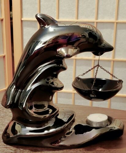 Beautiful Shiny Iridescent Black Dolphin Figurine With Tealight Wax Melt