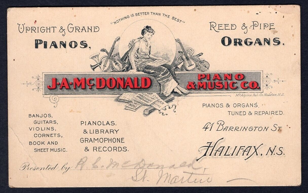 Canada Halifax Ns 1890s J.a. Mcdonald Piano & Music Co Advertising Trade Card