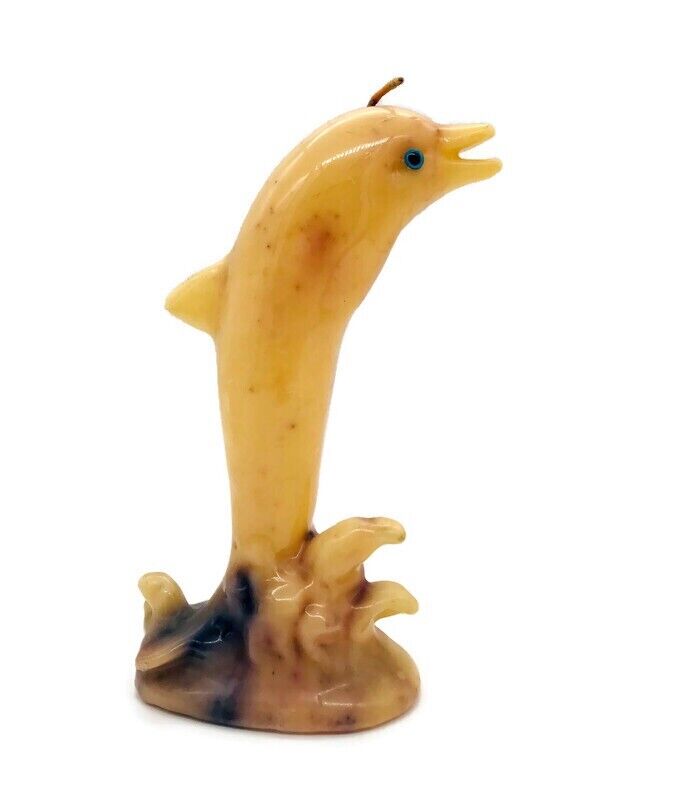 Candle Dolphin Jumping Ocean Waves Yellow Brown Marbled Beeswax Sculpture 6.75"