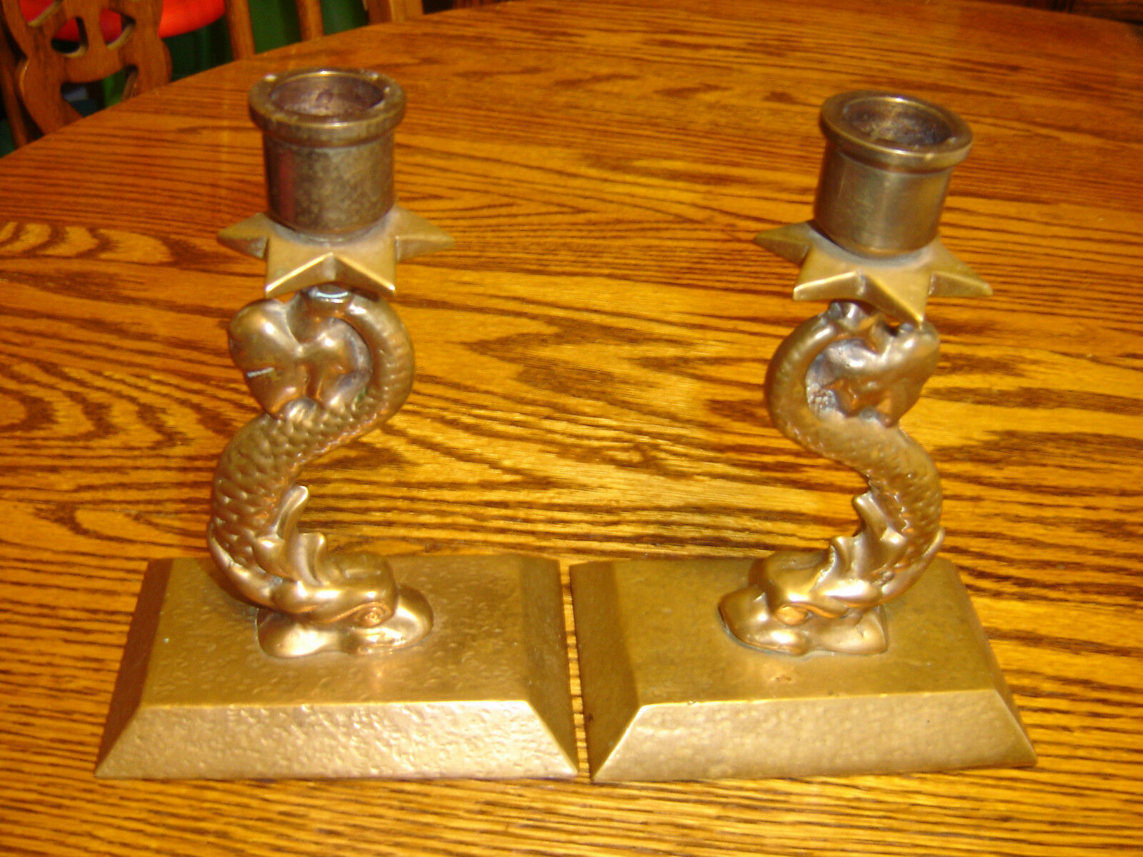 Beautiful Pair Of Vintage Solid Brass Dolphin Candle Holders / Figurines
