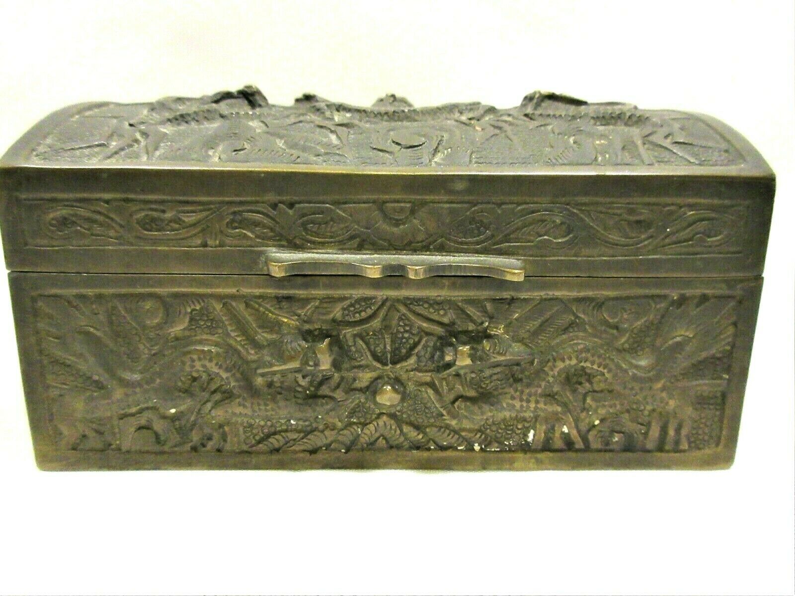 Antique Chinese Metal Brass/bronze Carved Small Hinged Box Cigarette/jewelry Box