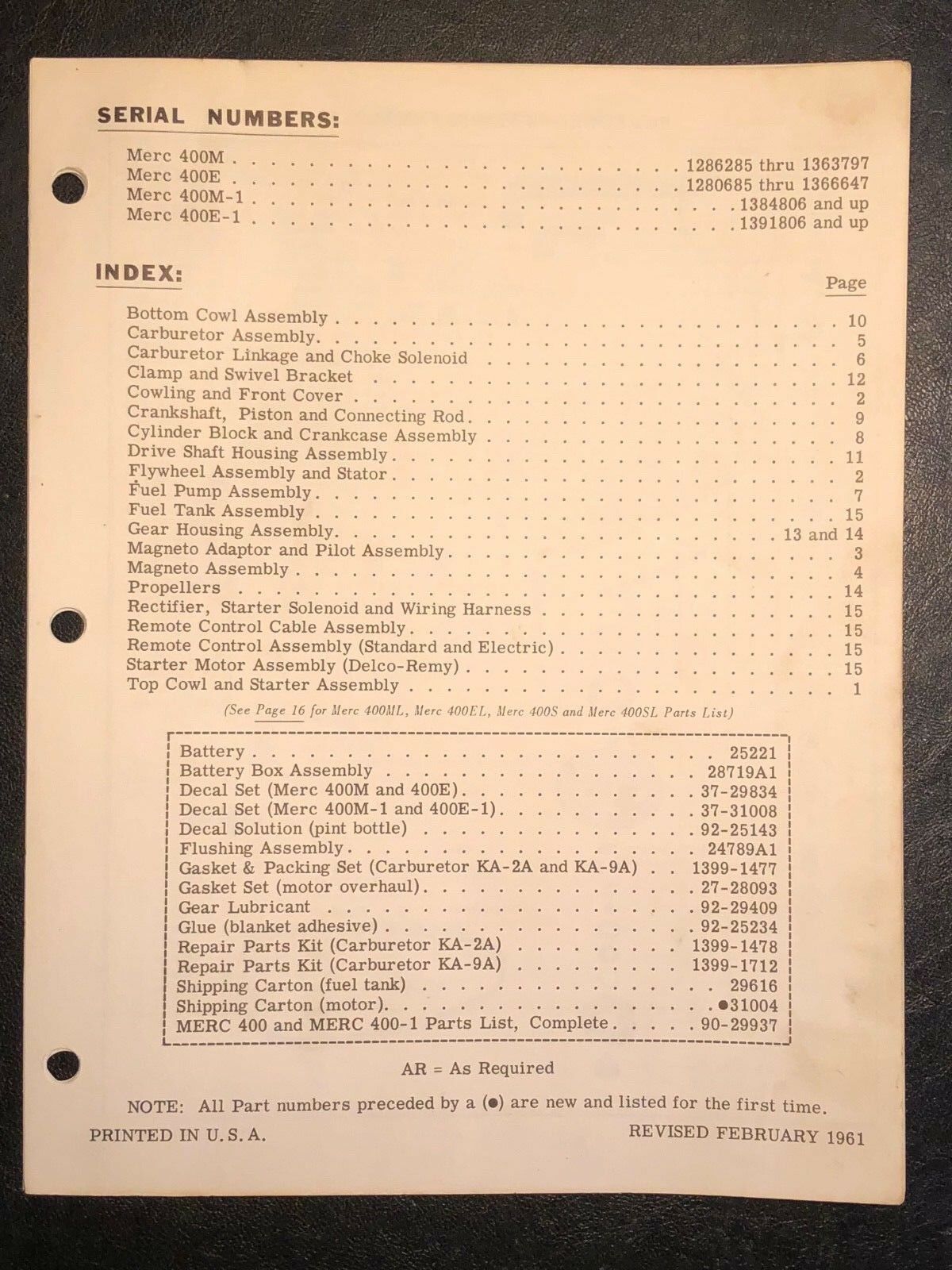 1961 Merc Mercury 400m, E, M-1, E-1, Outboard Parts Manual List Catalog
