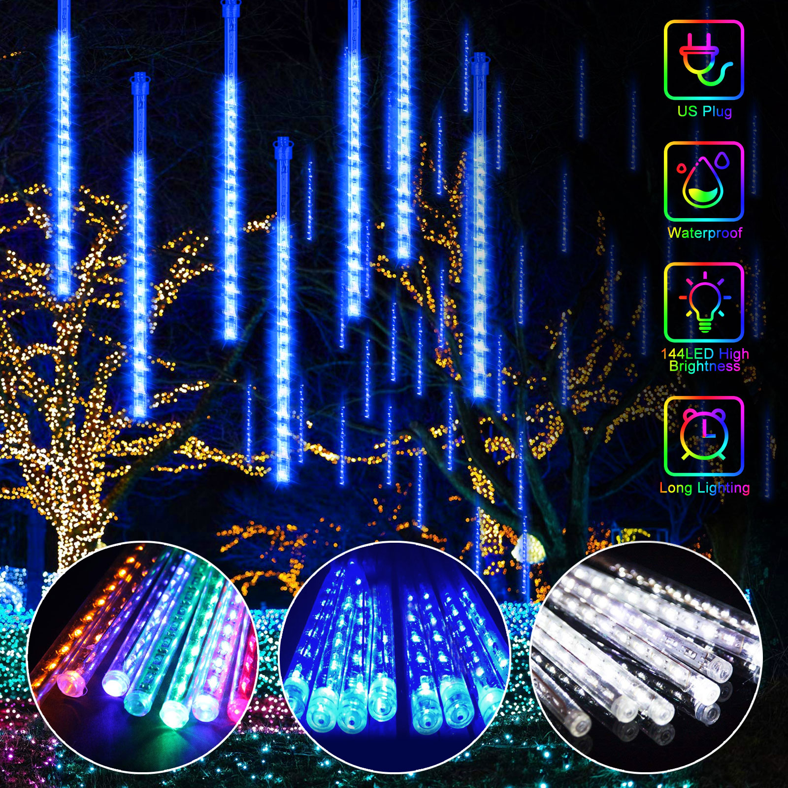144led Waterproof Lights Meteor Shower Rain 8 Tube Tree Outdoor Light Xmas Decor