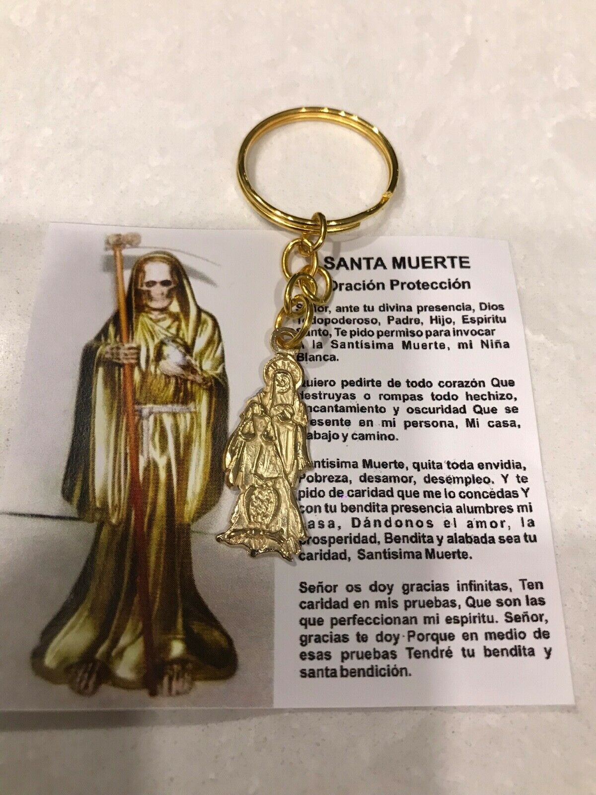 Santa Muerte Llavero - Holy Death Keychain Gold Color With Protection Prayer