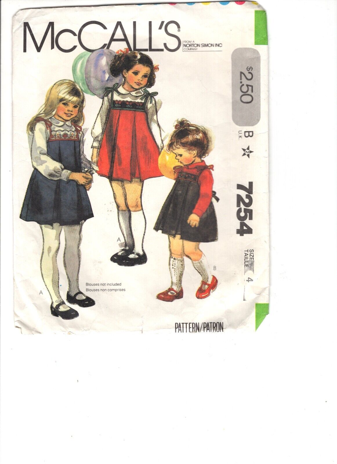 1980's Adorable Children's Dress Or Jumper Mccall's 7254 Size 4 Vintage Pattern