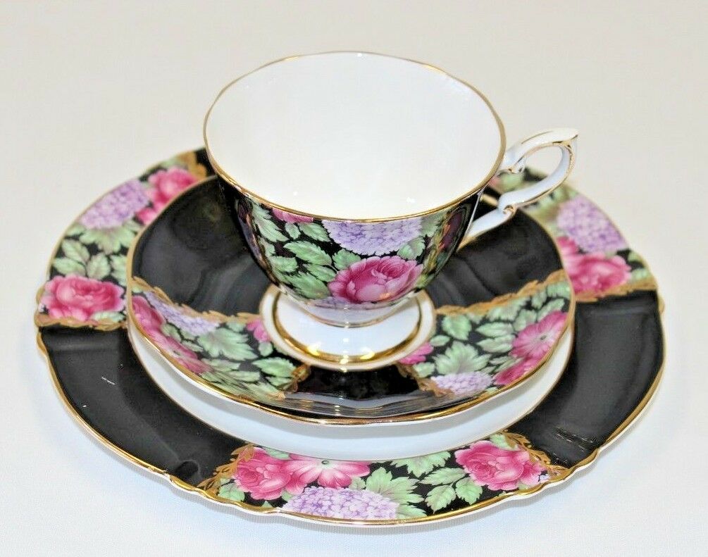 Royal Standard 3 Piece Cup & Saucer England Bone China Red Rose On Black