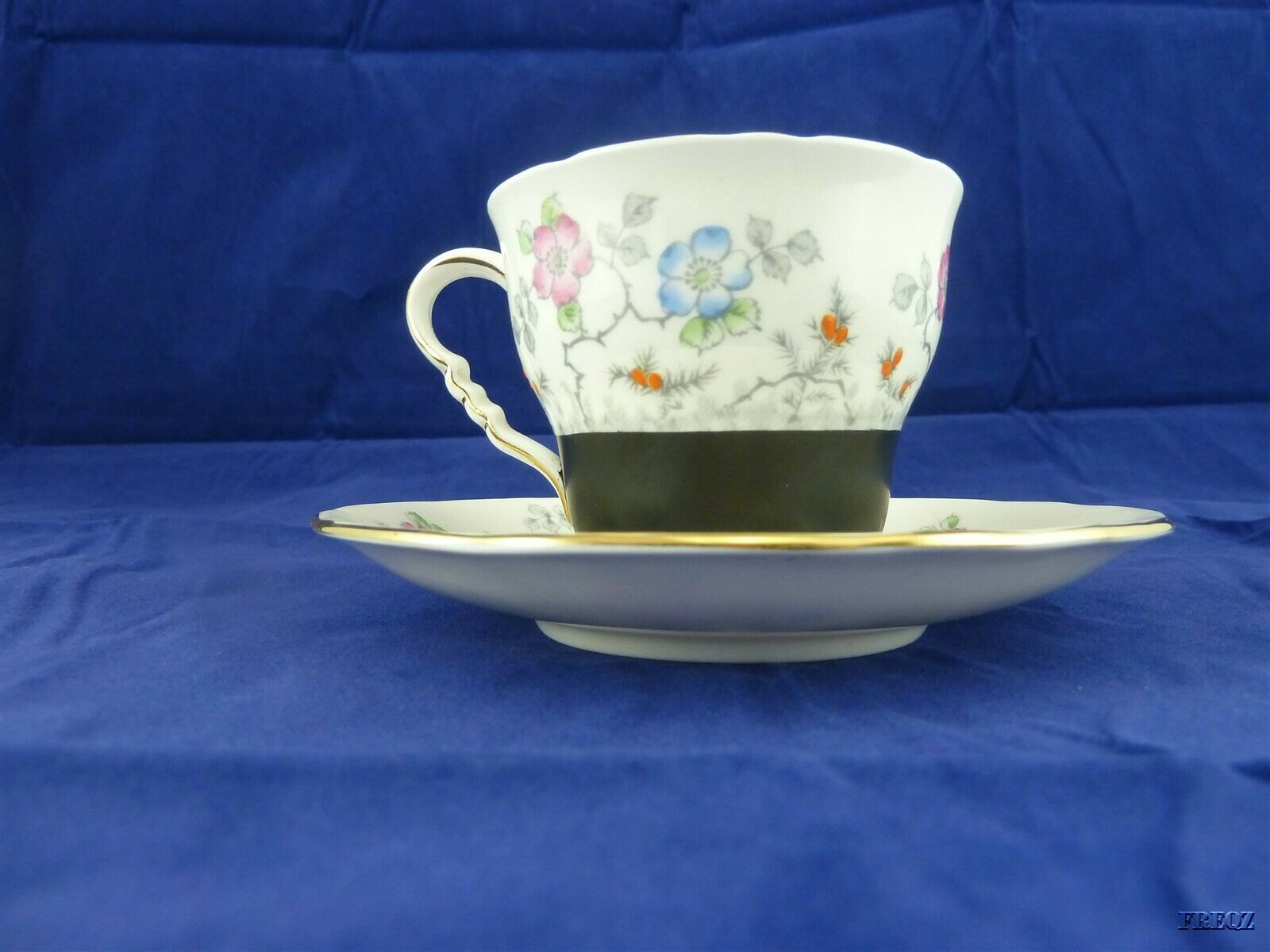 Royal Stafford Bone China Made In England Tea Cup And Saucer Black & Flowered