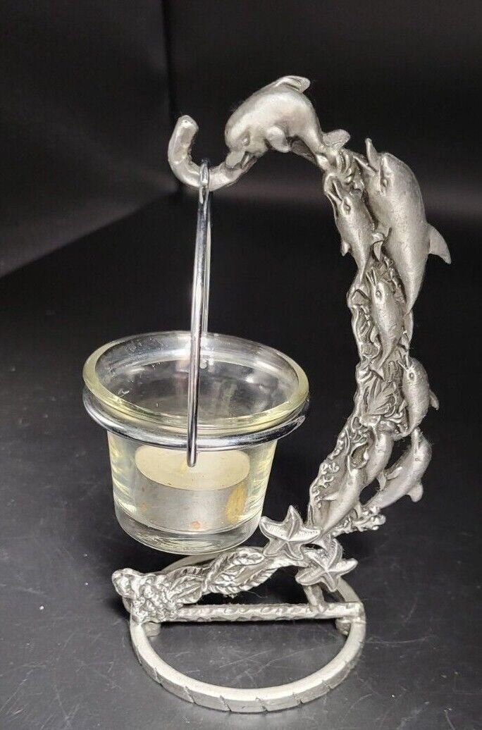 Tea Light Candle Holder. Art Sculpture Of * Dolphins Jumping Waves.