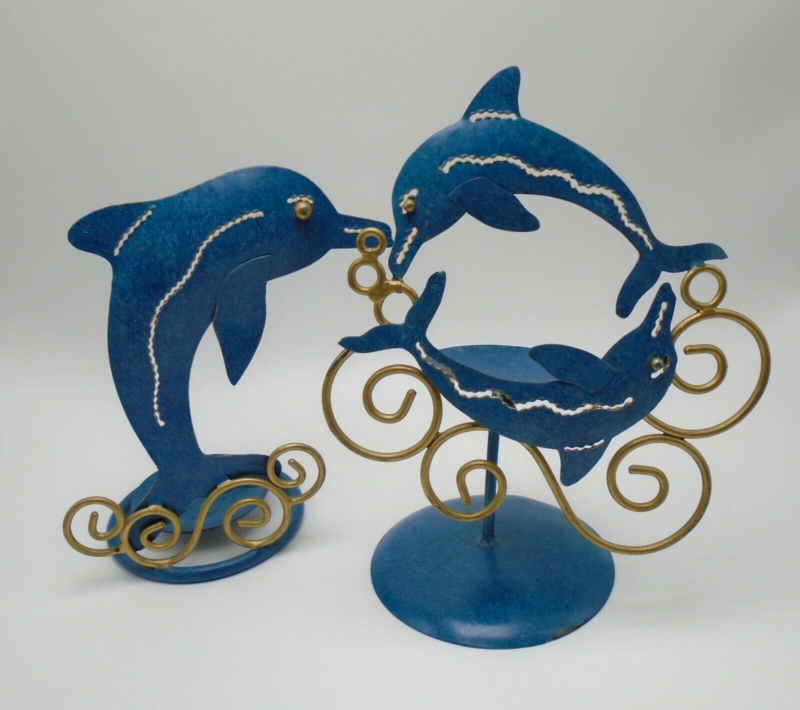 Dolphins Candle Holders Metal Marine Blue And Gold